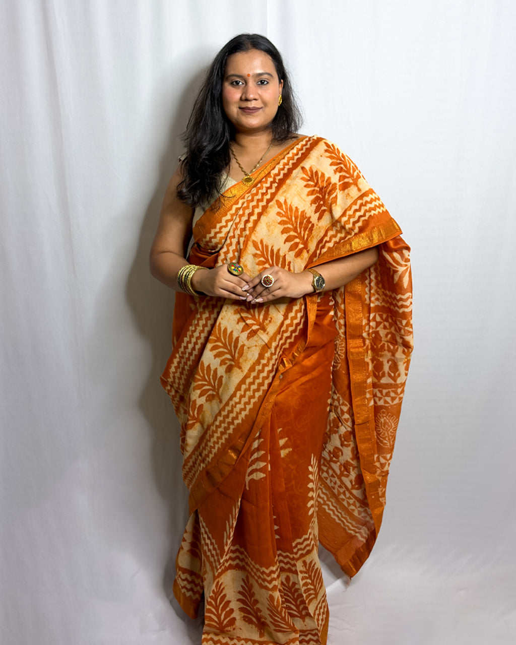 Sunlit Orange Handprinted Maheshwari Saree