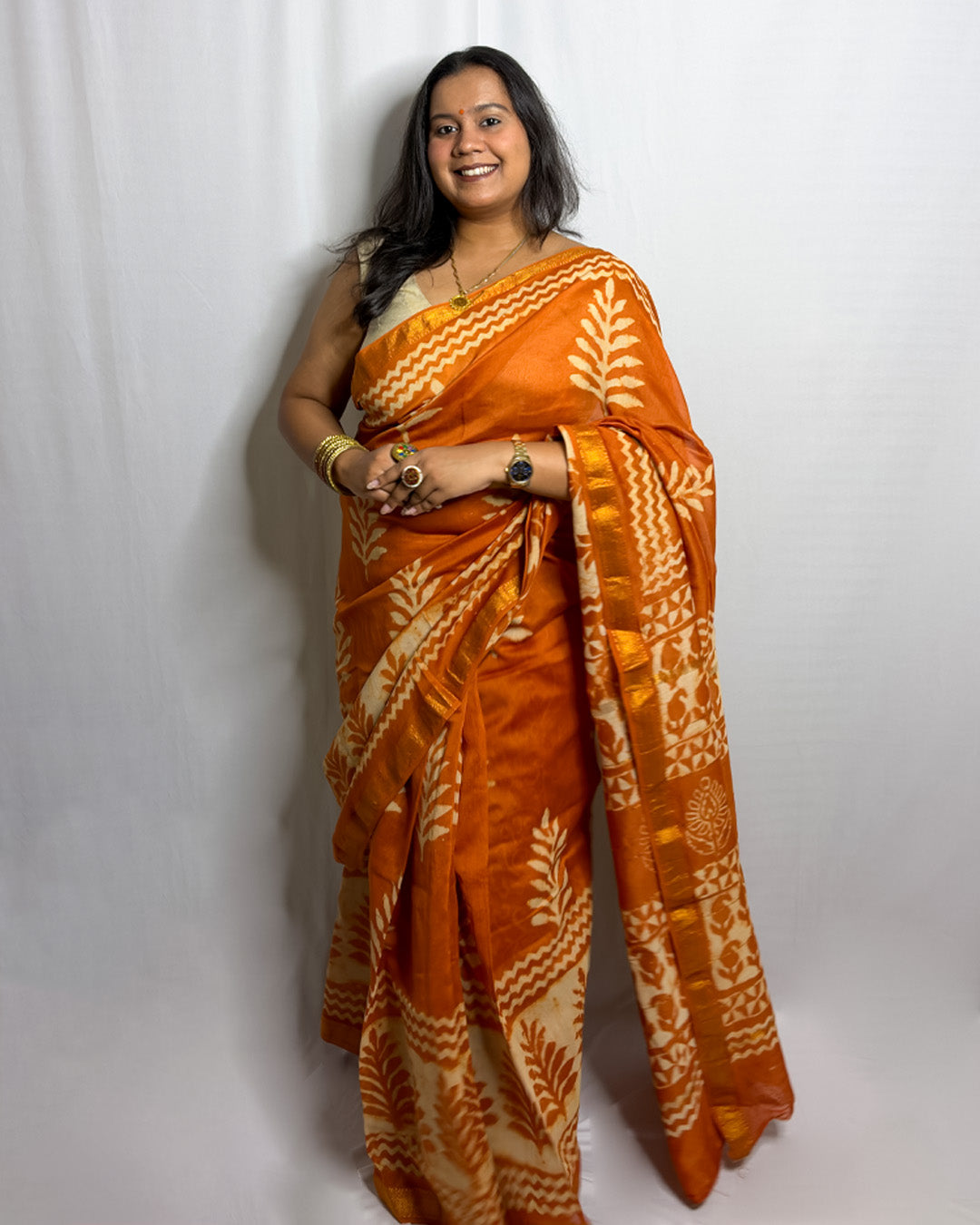 Sunlit Orange Handprinted Maheshwari Saree