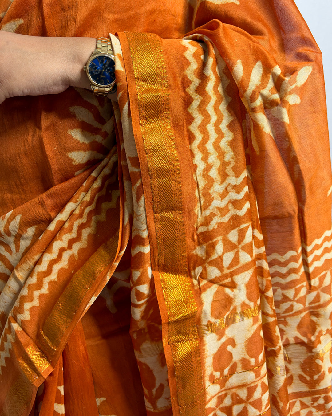 Sunlit Orange Handprinted Maheshwari Saree