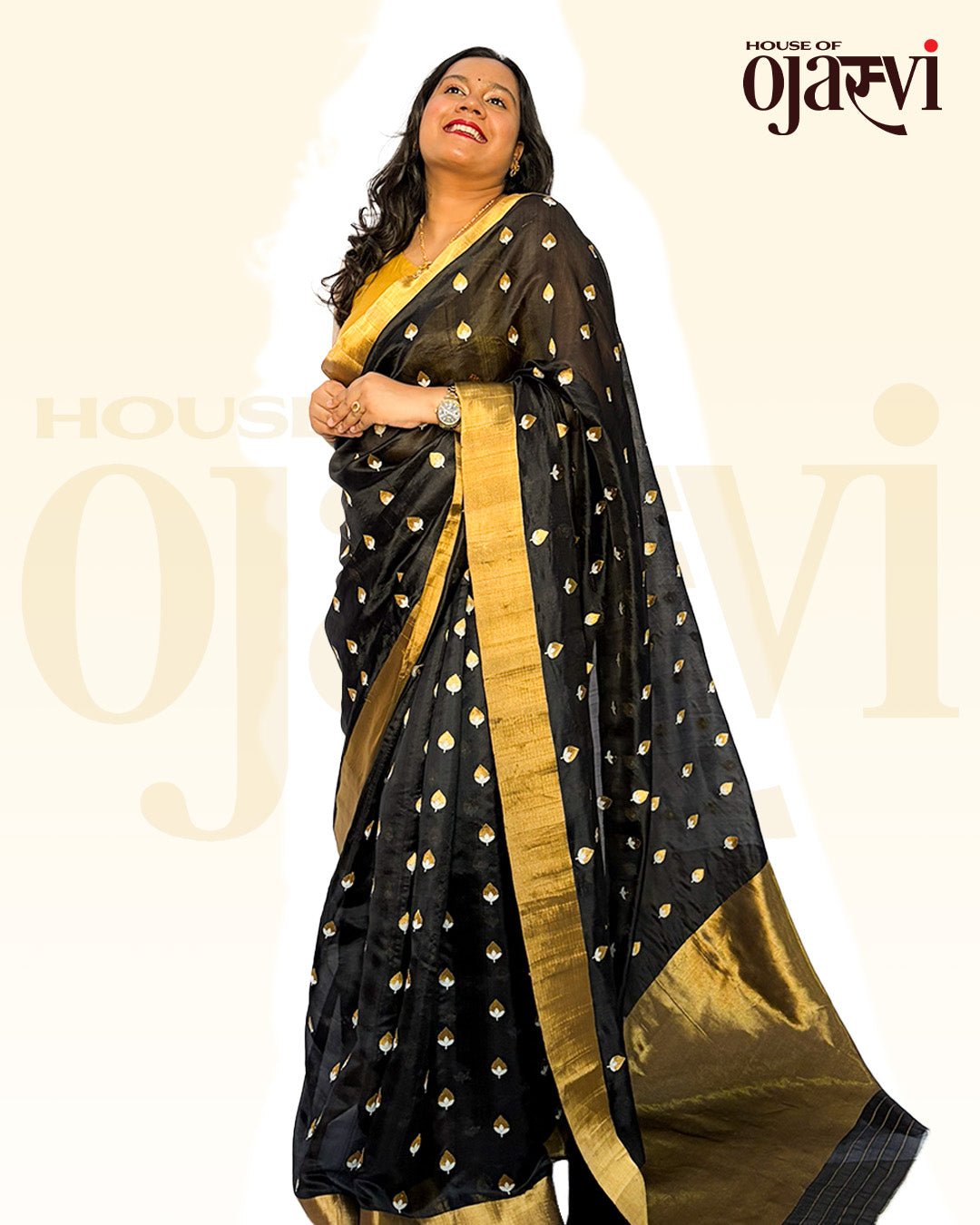 Full-length view of the elegant black handwoven Chanderi saree showing the grand golden border and pallu drape.