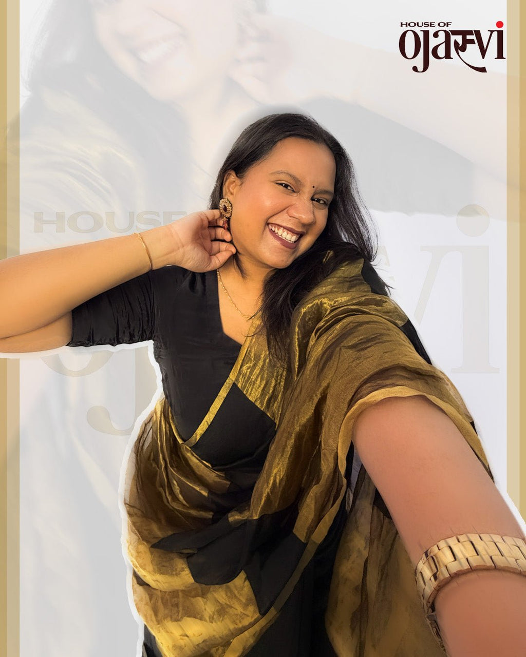 Creative double exposure portrait highlighting the sheer texture and bold golden striped pallu of the Chanderi saree.