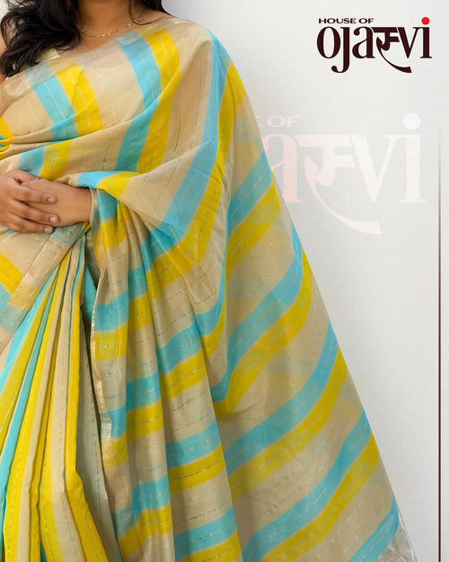 Full drape view of the blue and yellow striped Maheshwari handwoven saree styled for festive occasions.