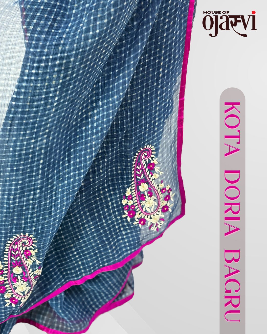 Elegant drape of blue handwoven Kota Doria check saree showcasing the embroidered paisley border edge by House of Ojasvi.