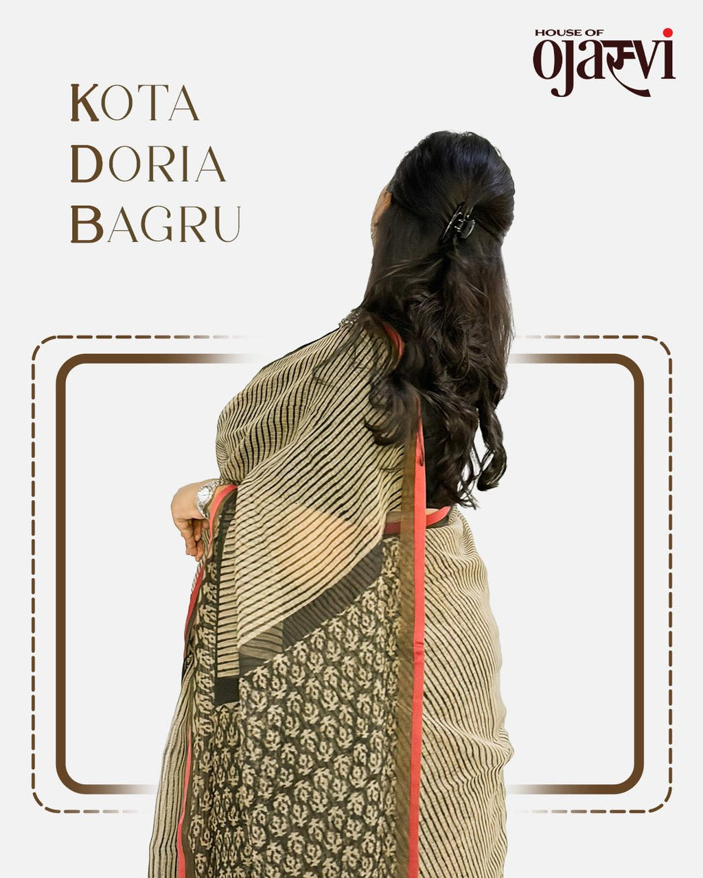 Close-up portrait of model wearing the cream and brown striped Kota Doria Bagru saree.