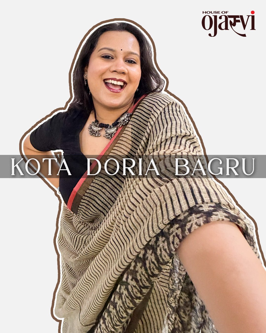 Back view of the cream and brown striped handwoven Kota Doria Bagru saree by House of Ojasvi.