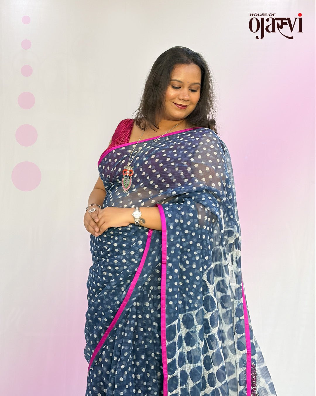 Full drape view of the indigo blue polka dot Kota Doria handwoven saree showcasing contemporary ethnic styling.