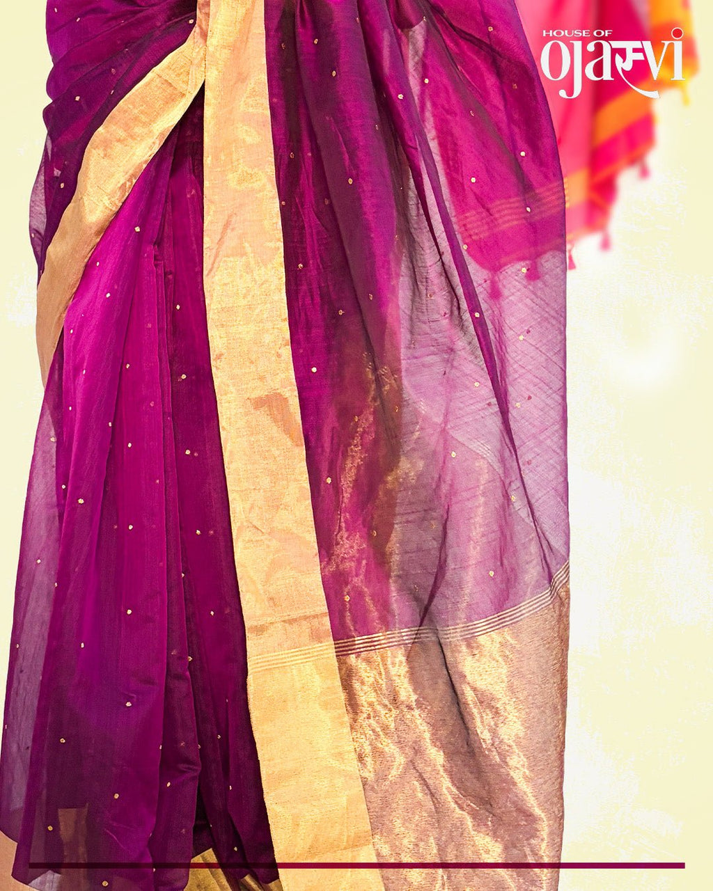 Detailed view of the broad golden zari border and the rich texture of the purple handwoven Chanderi saree.