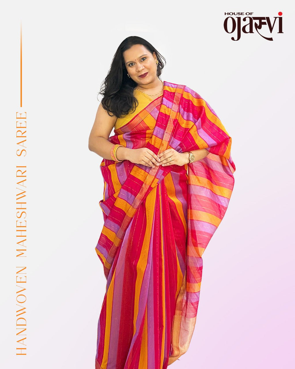 Full drape view of the red, orange, and purple striped Maheshwari handwoven saree with gold zari lines.